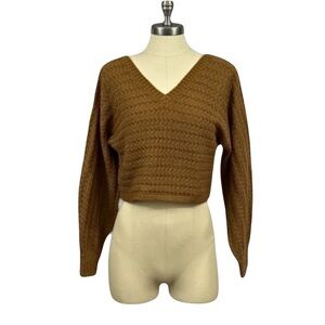 PINK ROSE Knitted Sweater V-Neck Long Sleeves Cutout Back Cropped Length Brown S